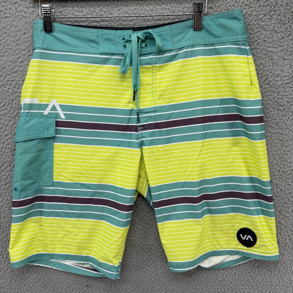 RVCA Industry Board Shorts Mens Neon Yellow Blue Striped 9" Swimsuit Size 32